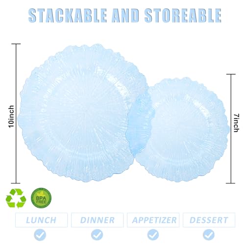 Blue Disposable & Reusable Plastic Plates 60PCS - Clear Water Design, Safe Food-Grade