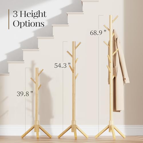 Pipishell Wooden Coat Rack with 8 Hooks - Freestanding, Adjustable Height, Natural Wood Finish