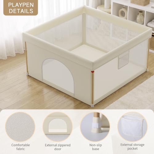 Beige Foldable Baby Playpen 50x50 Inches with Mesh Sides & Balls