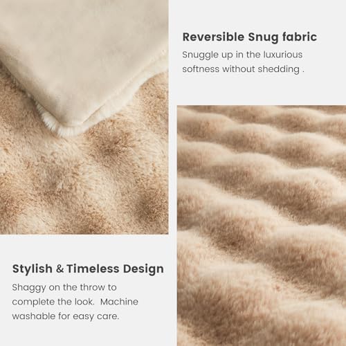 Beige Faux Fur Throw Blanket - Twin 60x80 Inches Cozy Plush Bubble Design