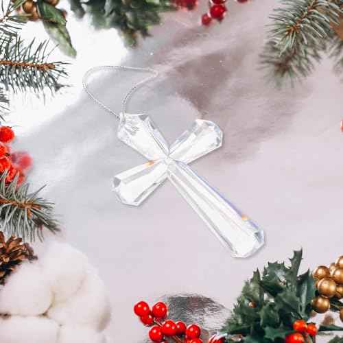 Lurrose Crystal Cross Hanging Ornament Crystal Acrylic Cross Decoration Hangings Glass Christmas Tree Ornaments for Religious Christian Christmas Party Decoration