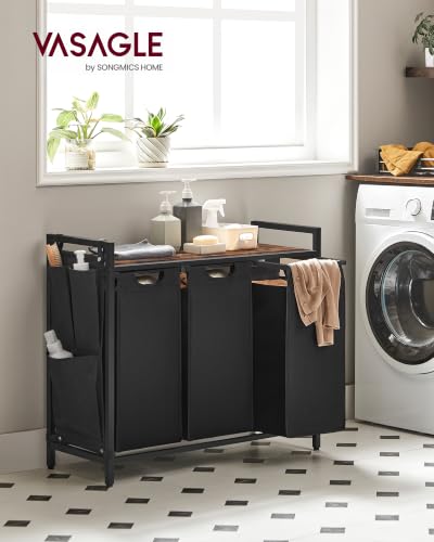 Laundry Hamper with Shelf and 3 Removable Bags - Black + Rustic Brown, 120L