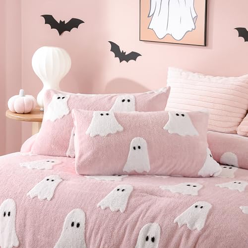 Smoofy Pink Ghost Halloween Comforter Set, Fleece Queen Bedding