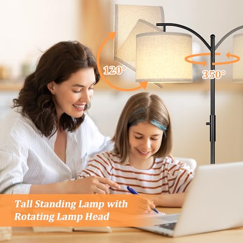 ROTTOGOON Black Dimmable Arc Floor Lamp - Modern Tall Standing Lamp with Linen Shade, 0-100% Stepless Dimming for Living Room & Bedroom