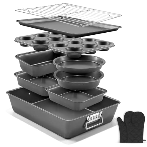 Gymdin Charcoal Nonstick Bakeware Set 12 pcs Carbon Steel Baking Pan Set with Cooling Rack & Oven Mitts