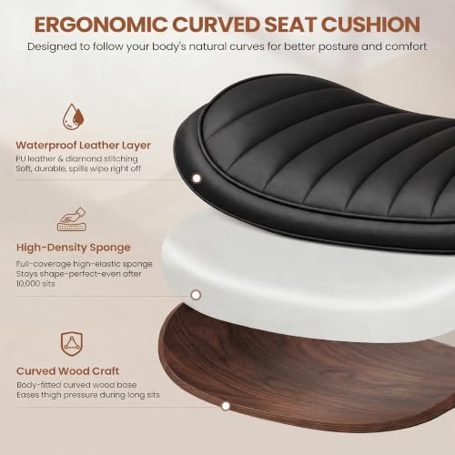 Black Armless Office Chair - Modern PU Leather Swivel Desk Chair with Walnut Bentwood Back & Height Adjustment - Set of 1