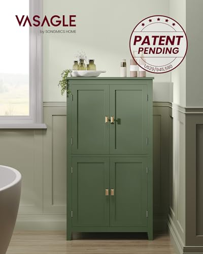 VASAGLE Bathroom Floor Cabinet with 4 Doors - Forest Green, Adjustable Shelves, Safe & Durable