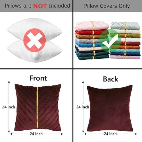 Tosleo Burgundy Velvet Throw Pillow Covers 24x24 inch Pack of 2 with Gold Leather Decorative Couch Pillow Cover Luxury Modern Pillowcases for Living Room Bedroom Sofa Cushion Bed