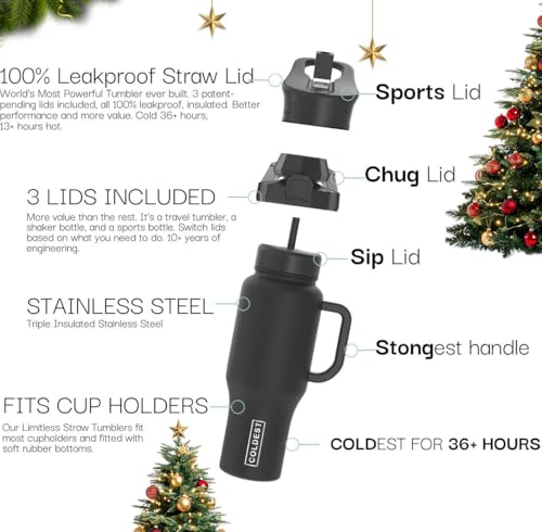 The Coldest Water 46 oz Leak-Proof Insulated Tumbler with Handle & 3 Lids - Stealth Black