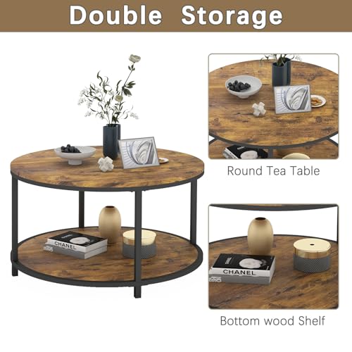 NSdirect Small Round Coffee Table 27.6-Inch 2-Tier Rustic Wood Home Furniture Brown Variation