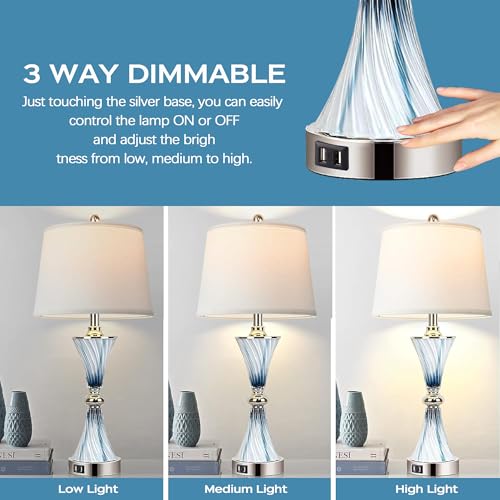 Blue Dimmable Touch Glass Table Lamps with USB Ports - Set of 2 for Bedroom Decor