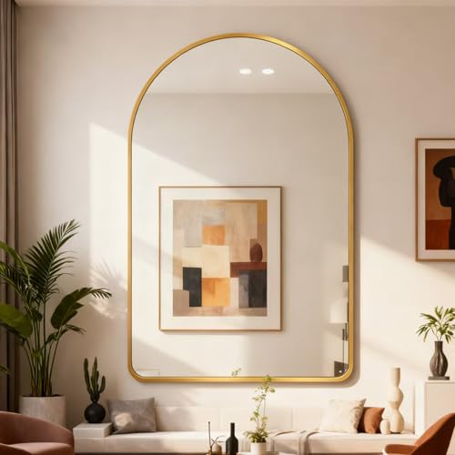 MYlovelylands 36x24 Gold Arched Bathroom Mirror - Tempered Glass, Wall Mount