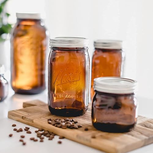 Amber Wide Mouth Mason Jars 32 oz with Metal Airtight Lids - Vintage Food Storage, Canning & Preserving - 12 Pack
