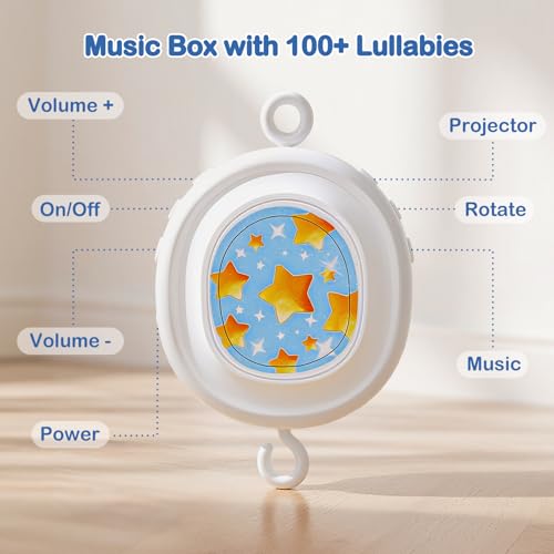 Pink & White Unicorn Baby Crib Mobile with Music Box - 100+ Lullabies & Starry Sky Projection