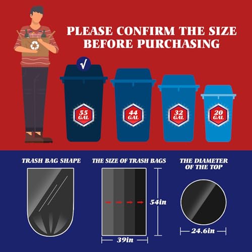 Teivio Large Black Trash Bags 55-60 Gallon - 160 Count Heavy Duty Garbage Bags - Variation of 160pcs-55 60 Gallon-Black