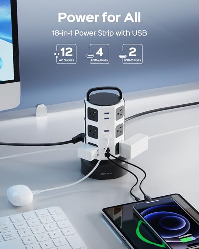 JACKYLED Power Strip Tower Surge Protector with 12 Outlets 6 USB C Ports - White, 10ft Cord