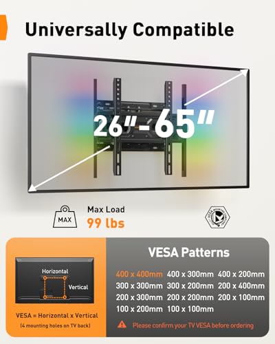 Perlegear Full Motion TV Wall Mount with LED Light for 26-65 Inch TVs, 16" Wood Stud Compatible