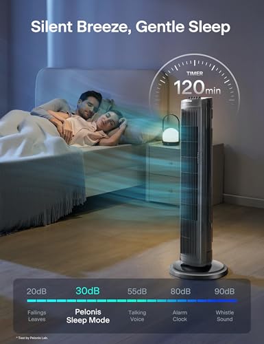 Pelonis 30-Inch Black Oscillating Tower Fan with 3-Speed Settings, Quiet 30dB