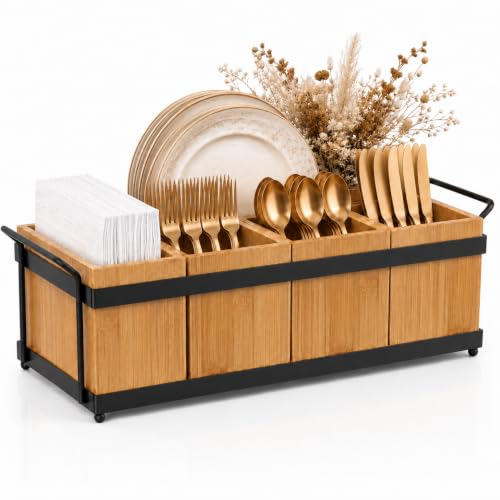 Bamboo Silverware Holder for Parties with 5 Removable Bins - Eco-Friendly Utensil Caddy
