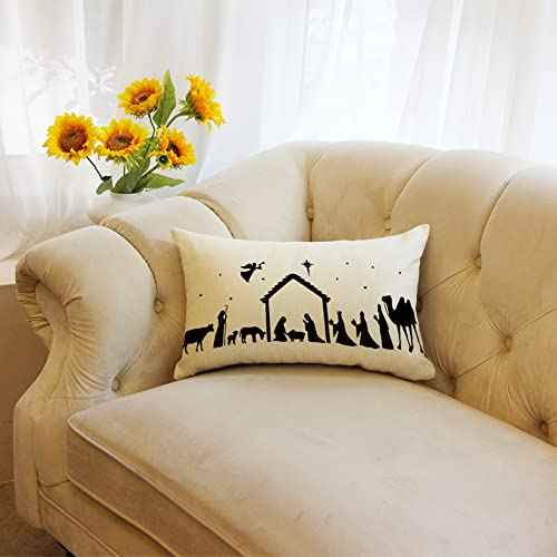 Ogiselestyle Christmas Oh Holy Night Lumbar Throw Pillow Covers, 12 x 20 Inch Winter Holiday Nativity Xmas Scene Story Cushion Case Decoration for Sofa Couch