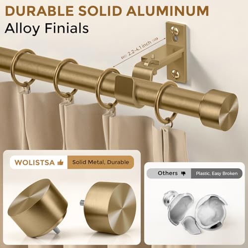 Wolistsa Heavy Duty Antique Brass Curtain Rod 36-184 Inch Warm Gold - Single Pack, Adjustable & Seamless