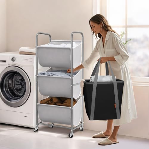 Storage Maniac 3-Tier Gray Vertical Laundry Hamper with Wheels - 120L Capacity