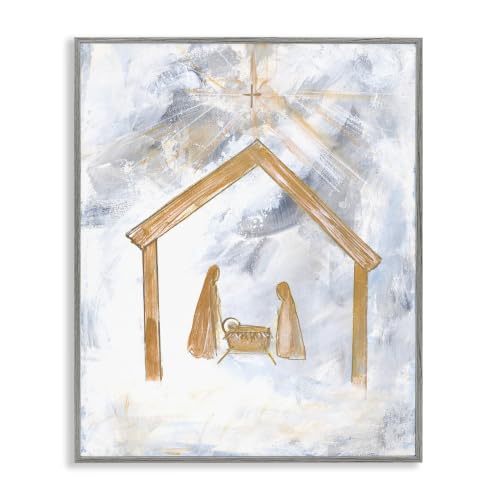 Nativity Baby in Manger Christmas Scene Sky Cross Framed Wall Art 16x20 - Blue - Robin Maria Gray Design - Faith Holiday Decor