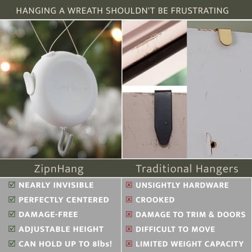 Zip 'n Hang White Door Wreath Hanger 3 Pack - Damage-Free, Adjustable, Easy Install