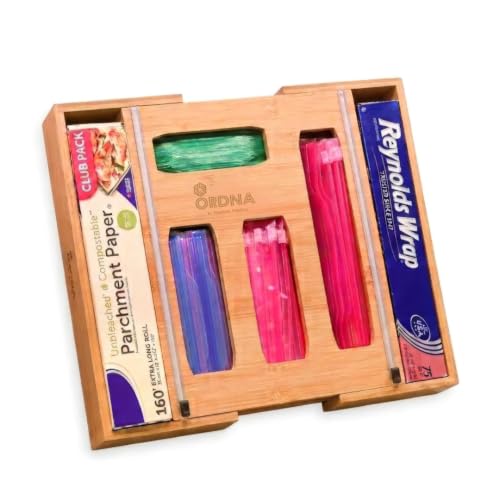 Expandable Bamboo 6-in-1 Kitchen Drawer Organizer for Bags & Wraps