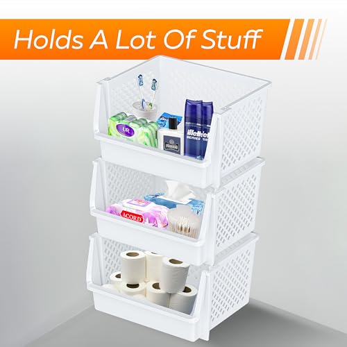 Skywin 6 Pack XL Stackable Open Front Storage Bins for Pantry & Organization – White
