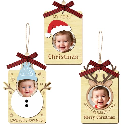 Xmas Baby First Christmas Wooden Photo Frame Ornaments Snowman Santa Reindeer - 3PCS