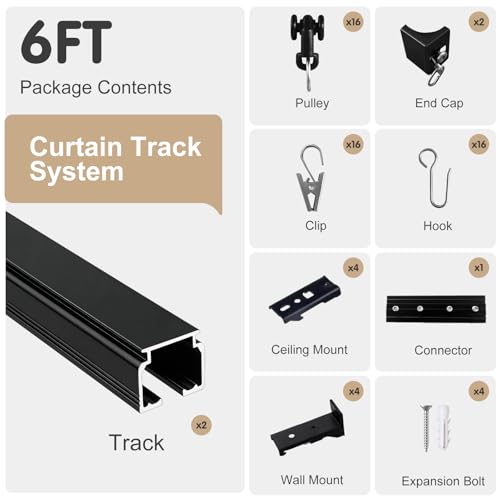 Ceiling Curtain Track System 3ft-6ft Heavy Duty Wall Mount Sliding Rail with Hooks - Black