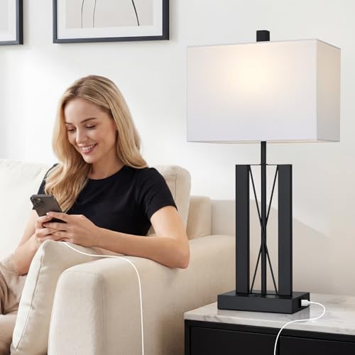White 25-Inch Modern Table Lamps Set of 2 with USB Charging for Bedroom & Living Room