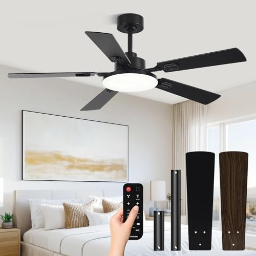 52-Inch Ceiling Fan with Lights Remote Control Black/Wood Grain - Reversible, Dimmable, Quiet DC Motor
