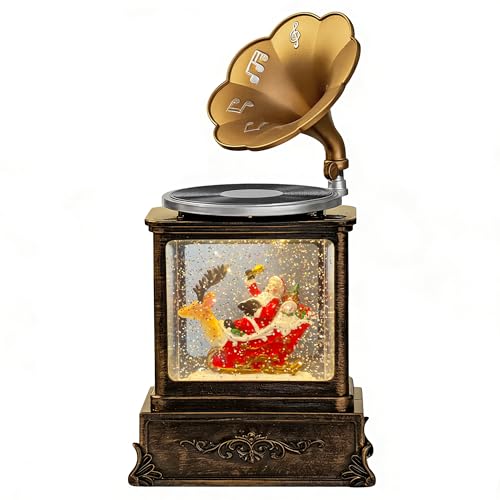 MOJDIOSM Phonograph Snow Globe Lantern - 8 Songs, Silent Mode, USB/Battery Powered, Reindeer Santa Snowman 10.8in