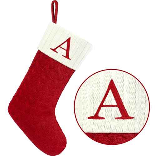 Christmas Stockings with Initials,20 Inches Large Knit Embroidered Letter Red White Christmas Stocking,Monogram Christmas Stocking for Famliy Holiday and Xmas Tree Fireplace (Letter A)