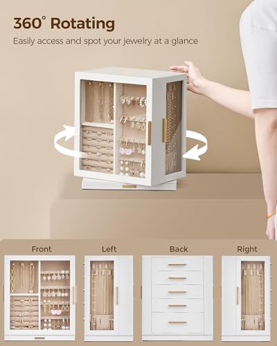 Glimmloop 360° Rotating Jewelry Box with 5 Drawers - White, Spacious Vertical Organizer with Glass Windows