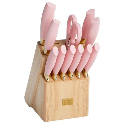 Pink 12-Piece Kitchen Knife Set with Block - High-Carbon Stainless Steel Cutlery