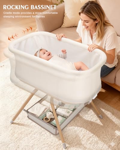 3-in-1 Baby Bassinet Bedside Sleeper with Mesh, Soft Mattress & Storage Basket - Beige