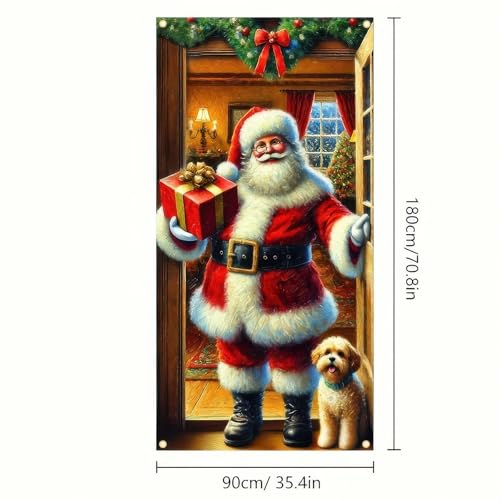 Funny Merry Christmas Door Cover Santa Claus Welcome Banner, 71 x 35 Inch Christmas Party and Home Decor for Front Door Holiday Cheer