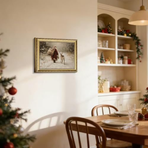 Santa Claus Wall Art with Reindeer Framed Canvas 16x24in Christmas Decor