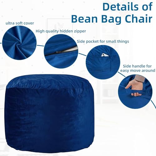 Blue 3Ft Velvet Bean Bag Chair for Adults with Memory Foam Filling - Plush Lazy Sofa
