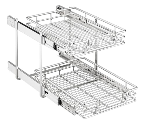 QUYUWU 15" W x 21" D 2-Tier Pull-Out Kitchen Cabinet Shelf Organizer