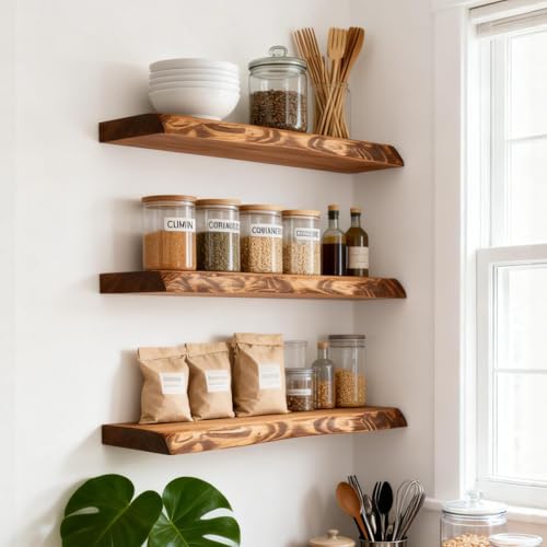24 Inch Live Edge Floating Shelves Set of 2 - Rustic Finnish Spruce Wall Storage - Brown, Thick Edges, Easy Installation
