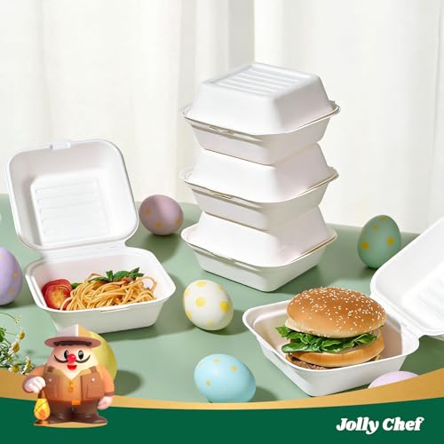 White 6-Inch Sugarcane To-Go Food Containers - 1-Compartment Clamshell, Eco-Friendly, Leak-Proof, 200 Pack