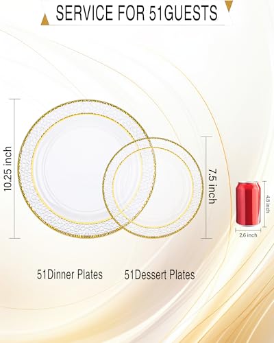 Nervure 102PCS Clear Gold Plastic Disposable Plates 7.5 & 10.25 Inch Set