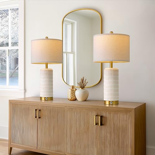 PoKat Touch Bedside Table Lamps with 2 USB Ports - Beige & White, 25 Inch