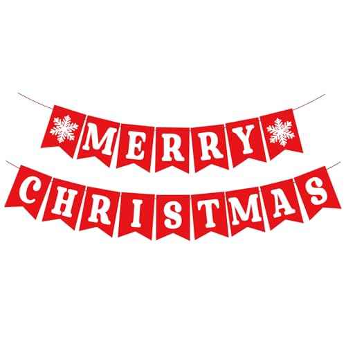 Merry Christmas Banners for Inside, Pre-Strung Fireplace Xmas Decorations, Xmas Wall Banner with Snowflake, Christmas Bunting Banner for Winter New Year Party Mantle Hanging Sign Supplies