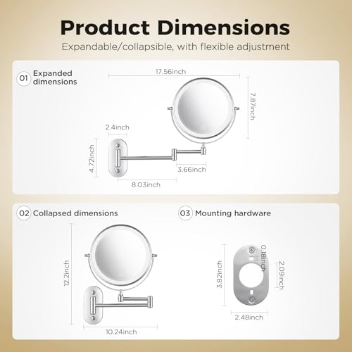 Wall Mounted Makeup Mirror 8 Inch 1X/30X LED Rechargeable with Metal Arm