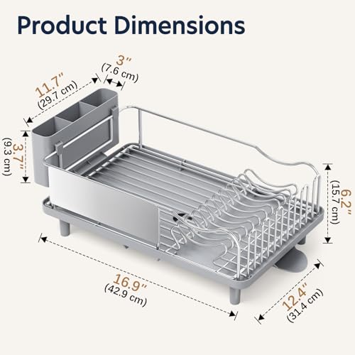KINGRACK Grey Stainless Steel Dish Drying Rack with Cup Holder & Auto-Drain